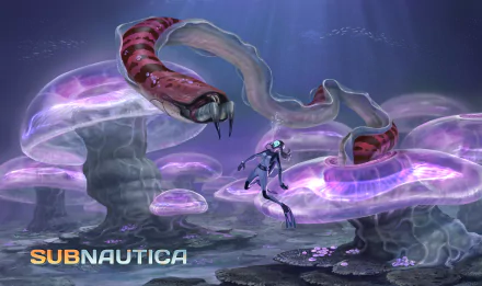 A stunning HD wallpaper from the video game Subnautica, featuring a diver surrounded by glowing jellyfish-like creatures in an underwater landscape.