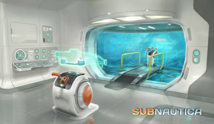 HD PC desktop wallpaper showcasing a futuristic underwater base from the video game Subnautica, featuring advanced technology and a large observation window into the ocean.