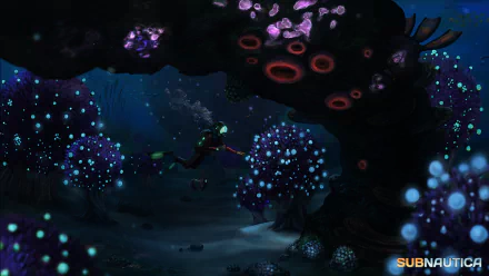 HD PC desktop wallpaper and background from the video game Subnautica: a diver swims through a bioluminescent underwater cavern filled with glowing coral and alien flora.