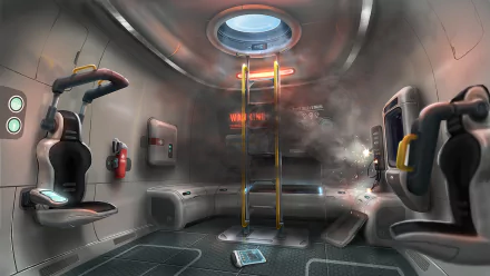 HD PC desktop wallpaper from the video game Subnautica, depicting the interior of an underwater habitat with seating, ladders, and a warning sign.