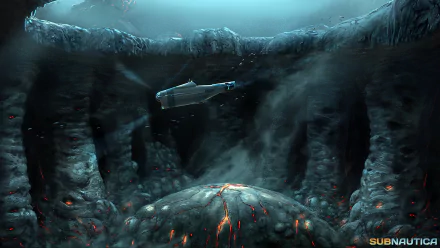 HD PC desktop wallpaper from the video game Subnautica, depicting an underwater scene with a submarine exploring deep ocean trenches.
