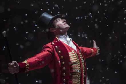 A performer from The Greatest Showman, in a red ringmaster jacket and top hat, exulting amid falling confetti. HD wallpaper.
