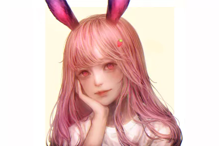 HD anime-style original desktop wallpaper featuring a girl with long pink hair and bunny ears, softly gazing with a gentle expression.