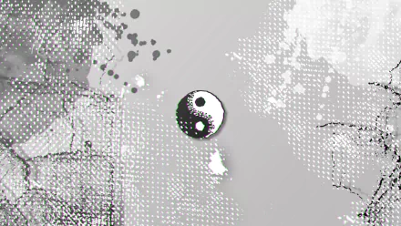 HD PC desktop wallpaper featuring a glitch-style Yin Yang symbol with religious undertones, inspired by The Expendables design in a monochrome abstract background.