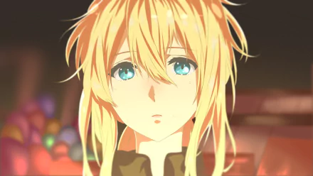 HD desktop wallpaper featuring Violet Evergarden, an anime character with blonde hair and blue eyes, set against a softly blurred background.