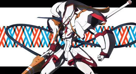 A striking HD wallpaper featuring a futuristic robot wielding a weapon, inspired by the anime Darling in the FranXX, set against a colorful geometric background.