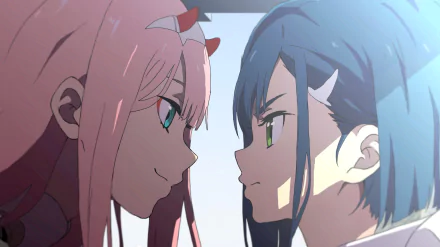 HD desktop wallpaper featuring Ichigo and Zero Two from Darling in the FranXX. Zero Two has pink hair, horns, and green eyes, while Ichigo has blue hair and green eyes. Both characters are smiling.