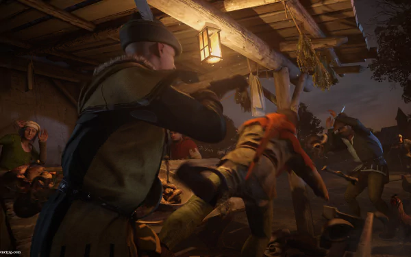 HD PC desktop wallpaper from the video game Kingdom Come: Deliverance, depicting a nighttime battle scene with armored fighters clashing under wooden beams.