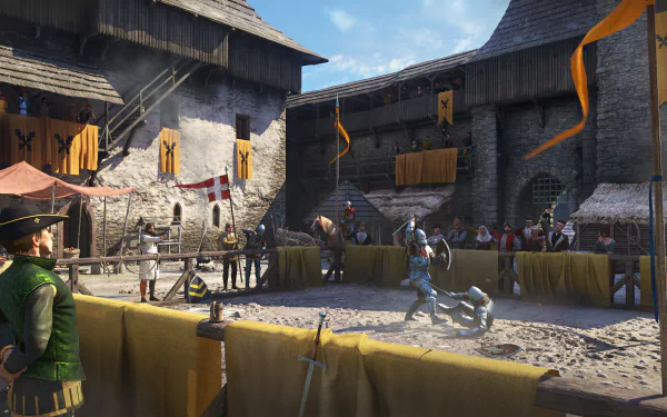 4K Ultra HD PC wallpaper from the video game Kingdom Come: Deliverance, depicting a medieval tournament with armored knights battling in a castle courtyard.