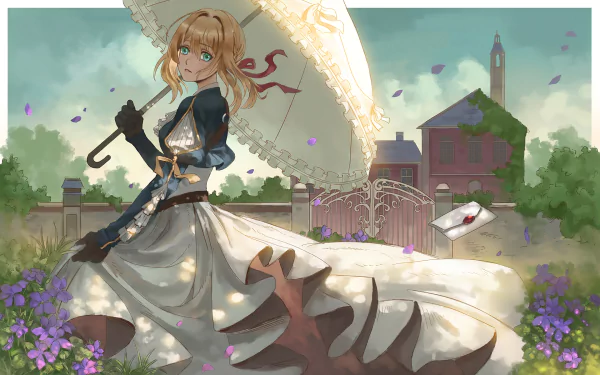 The image features Violet Evergarden, an anime character, in an elegant dress holding a parasol. The HD desktop wallpaper captures a picturesque outdoor scene with a serene backdrop of buildings and flowers.