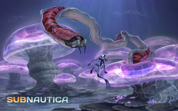 A stunning HD wallpaper from the video game Subnautica, featuring a diver surrounded by glowing jellyfish-like creatures in an underwater landscape.