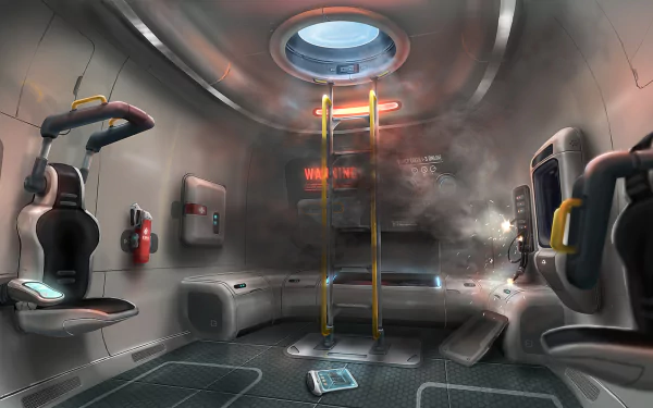 HD PC desktop wallpaper from the video game Subnautica, depicting the interior of an underwater habitat with seating, ladders, and a warning sign.