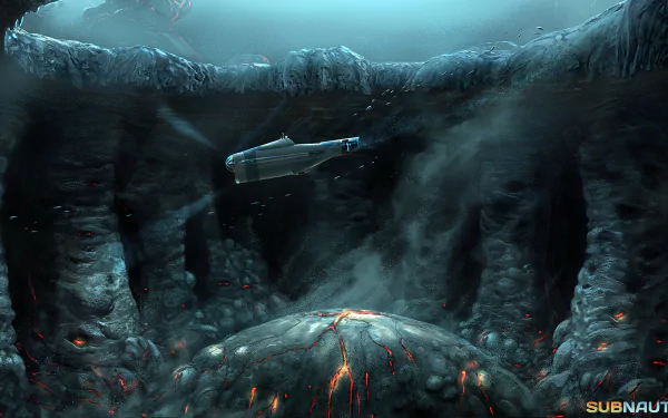 HD PC desktop wallpaper from the video game Subnautica, depicting an underwater scene with a submarine exploring deep ocean trenches.