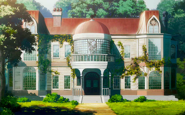 HD desktop wallpaper featuring architecture from Darling in the FranXX anime. The image portrays a beautiful house with lush greenery and trees, blending nature with captivating architectural design.