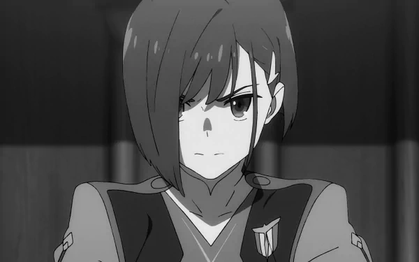 Black and white HD desktop wallpaper featuring Ichigo from the anime Darling in the FranXX, highlighting a focused and determined expression.