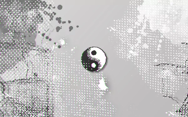 HD PC desktop wallpaper featuring a glitch-style Yin Yang symbol with religious undertones, inspired by The Expendables design in a monochrome abstract background.
