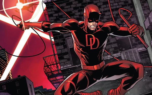 HD PC desktop wallpaper: Daredevil (Matt Murdock) in comic style, leaping across a gritty city rooftop at night, red suit, DD emblem and billy clubs.