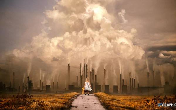 A little girl clutching a stuffed animal stands on a path leading to an industrial factory, surrounded by smoke. The fantasy-like scene creates a striking contrast between innocence and industrialization. HD desktop wallpaper.