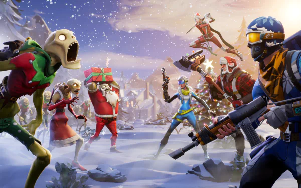 HD desktop wallpaper of a Fortnite winter-themed battle scene featuring various characters, including holiday-themed skins, amidst a snow-filled landscape.