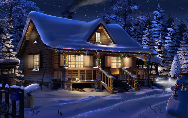 Artistic HD desktop wallpaper depicting a cozy cabin adorned with Christmas lights, nestled in a snowy winter night. A snowman stands in the foreground, with a backdrop of snow-covered trees.