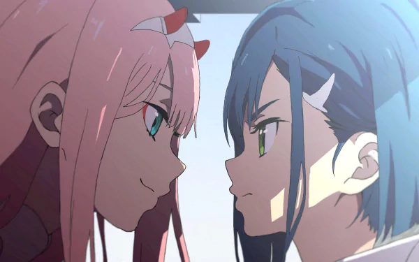 HD desktop wallpaper featuring Ichigo and Zero Two from Darling in the FranXX. Zero Two has pink hair, horns, and green eyes, while Ichigo has blue hair and green eyes. Both characters are smiling.