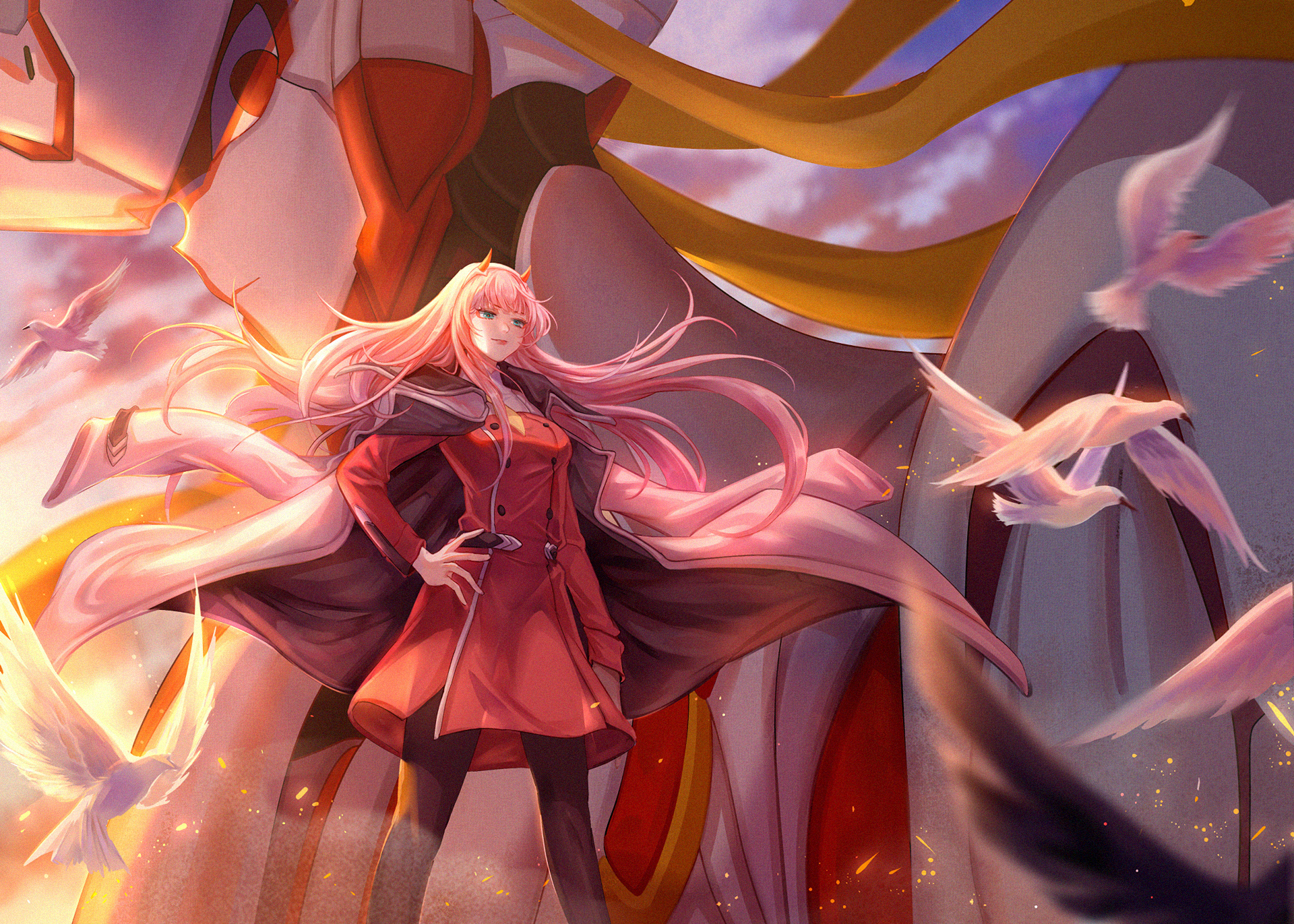 HD desktop wallpaper featuring Zero Two from the anime Darling in the FranXX, standing confidently with flowing pink hair, surrounded by white birds against a vibrant backdrop.