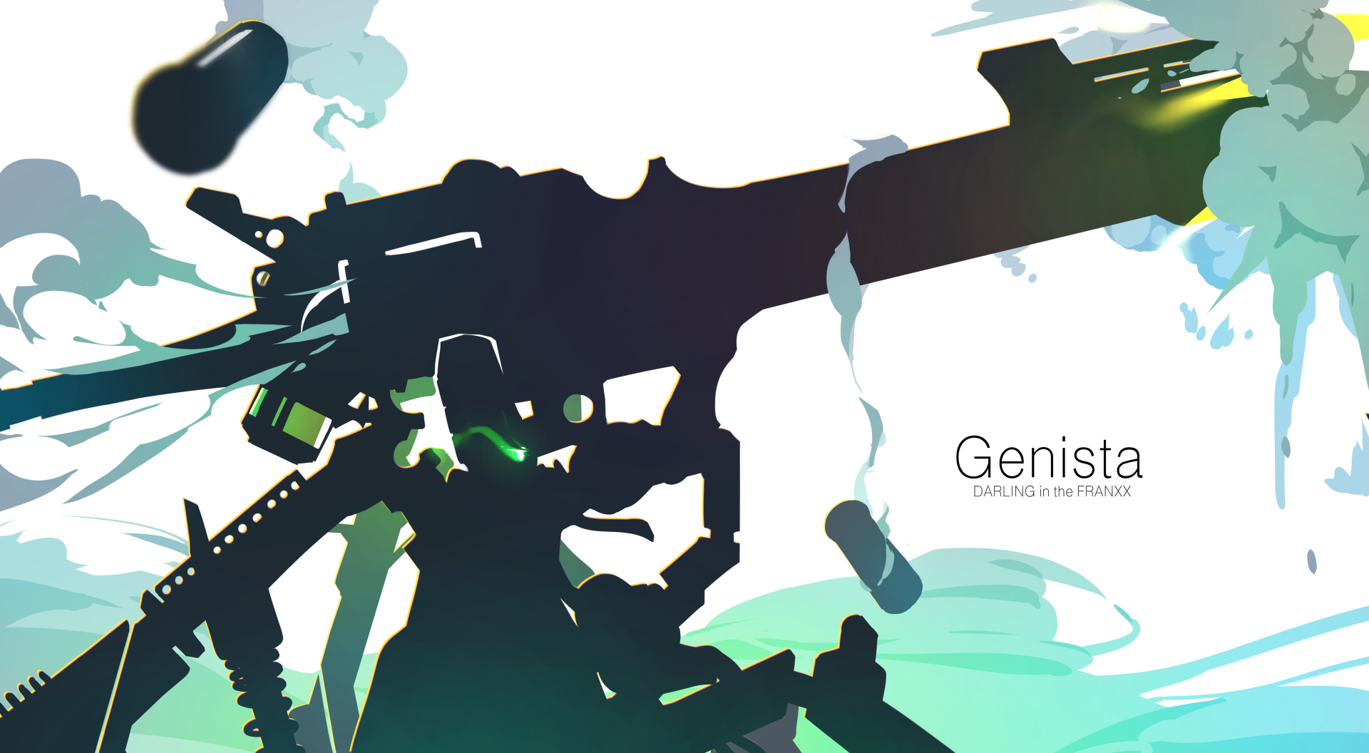 HD desktop wallpaper featuring a robotic figure wielding a large weapon amidst swirling smoke, inspired by the anime Darling in the FranXX. Text reads “Genista” against a light background.