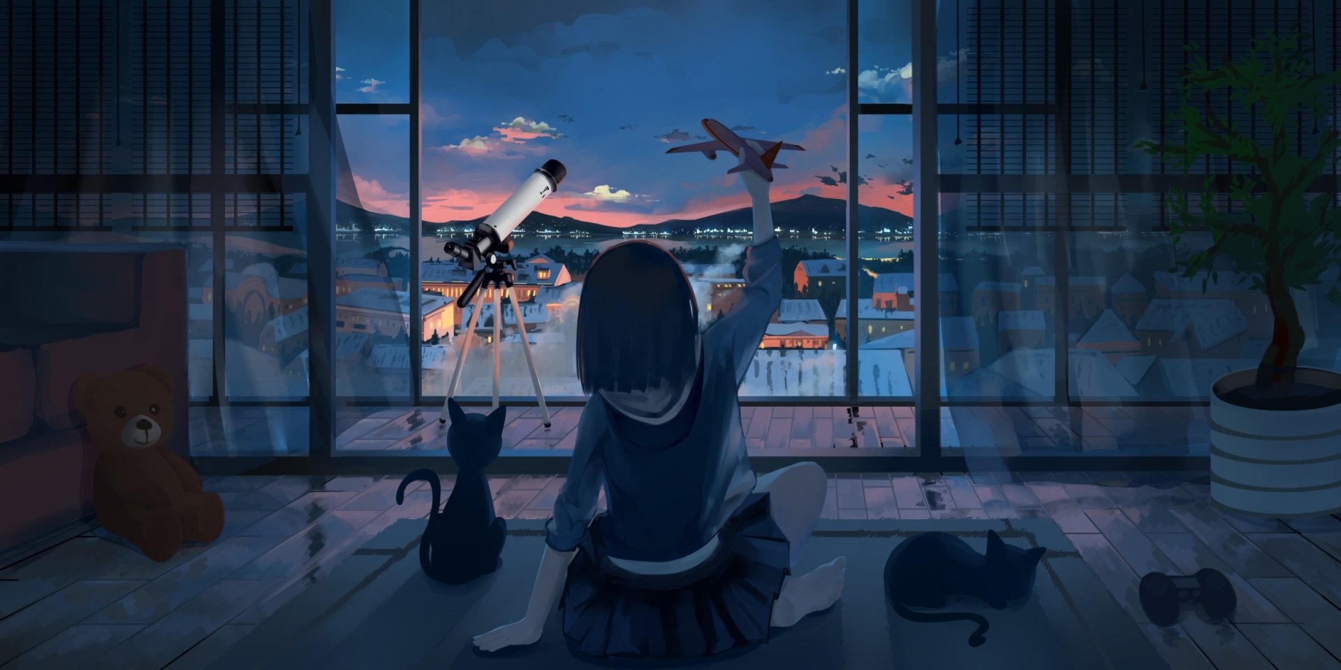 Anime HD wallpaper featuring a girl with a short haircut sitting indoors by a large window, surrounded by cats and holding a toy airplane, with a telescope and a scenic night cityscape in the background.