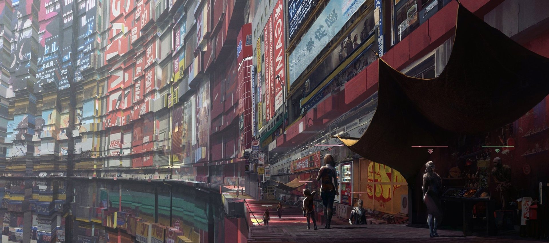 A high-definition cyberpunk wallpaper depicting a futuristic cityscape with towering neon signs and people walking through the streets.