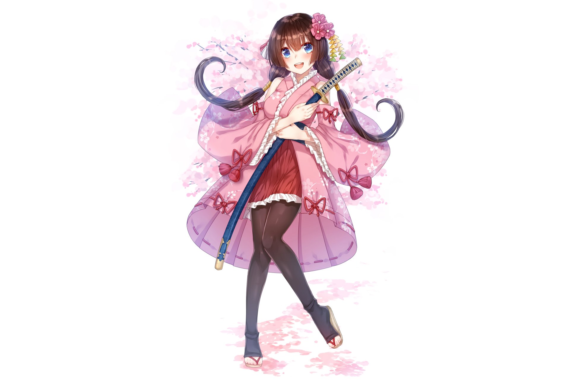 Anime-style original character holding a katana, dressed in a pink and red outfit with long flowing hair, rendered in vibrant colors for a 4K Ultra HD PC desktop wallpaper.