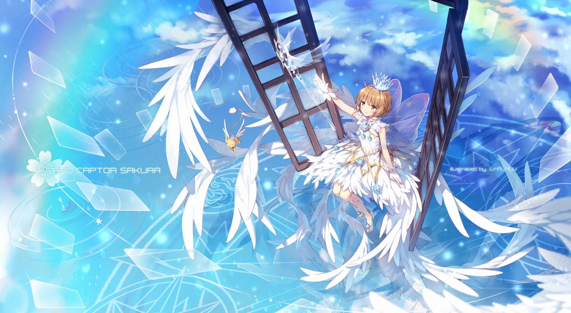 HD PC desktop wallpaper featuring Sakura Kinomoto from the anime Cardcaptor Sakura, surrounded by ethereal blue skies and magical, feathered wings.