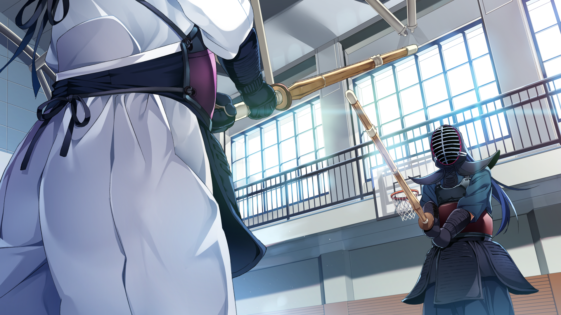 HD PC desktop wallpaper featuring anime-style characters practicing kendo from Grisaia: Phantom Trigger in a bright indoor dojo setting.