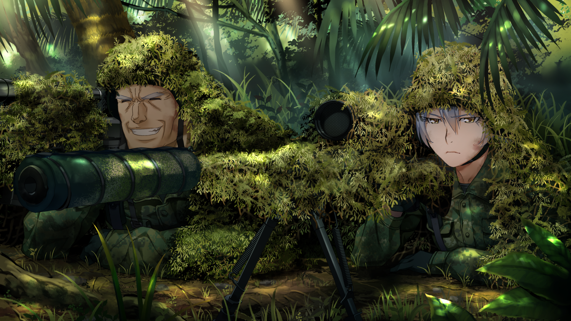 HD PC desktop wallpaper featuring two anime characters from Grisaia: Phantom Trigger camouflaged in dense jungle foliage, ready for action with sniper rifles.