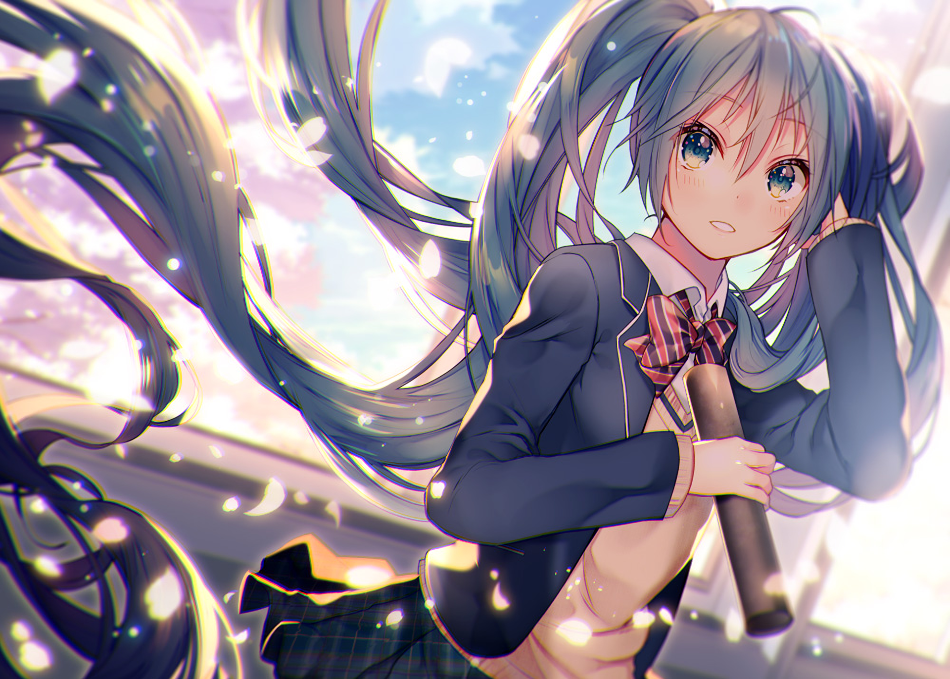 HD desktop wallpaper featuring Hatsune Miku from Vocaloid. The anime character stands against a backdrop of cherry blossoms, holding a rolled-up paper, with flowing twin tails and a soft expression.