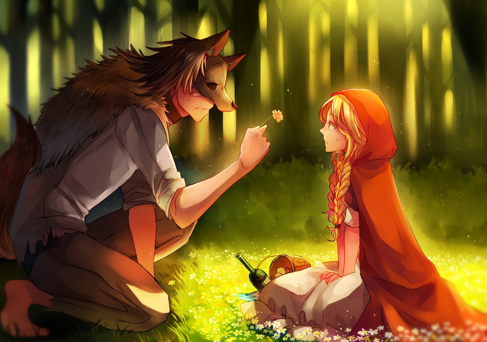 Fantasy HD desktop wallpaper featuring a blonde girl with a braid dressed as Red Riding Hood sitting in a glowing forest, interacting with a wolf-like figure wearing a mask.