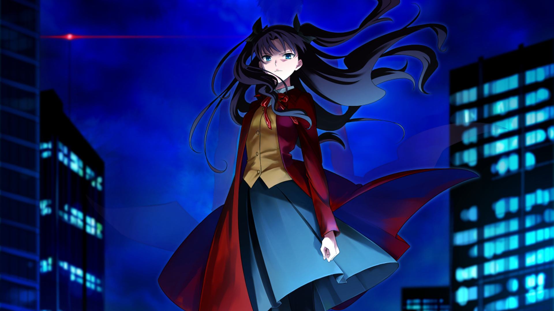 HD PC desktop wallpaper featuring Rin Tohsaka from the anime Fate/Stay Night: Unlimited Blade Works, standing confidently against a nighttime cityscape.