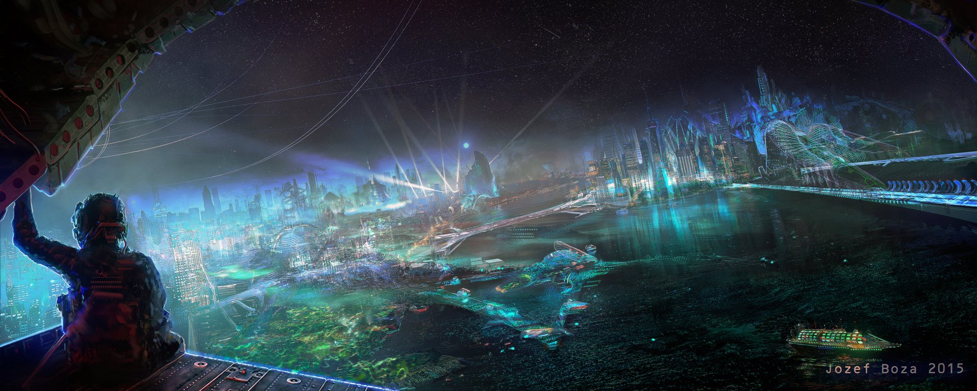 Futuristic sci-fi cityscape at night with towering skyscrapers, glowing lights, and advanced architecture, captured in a vivid HD PC desktop wallpaper.