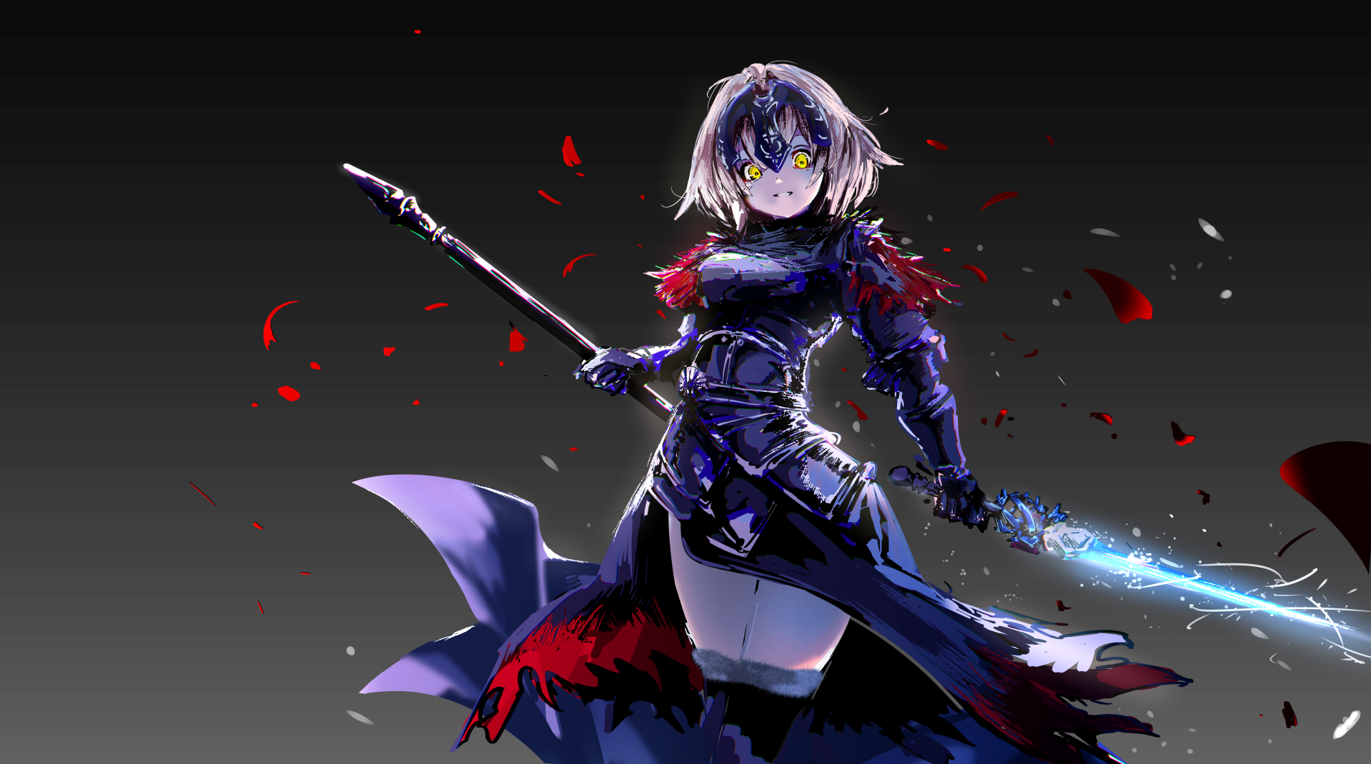 Jeanne d'Arc Alter from Fate/Grand Order, depicted with short white hair, yellow eyes, dark armor, wielding a lance and sword in a dynamic 4K ultra HD anime wallpaper.