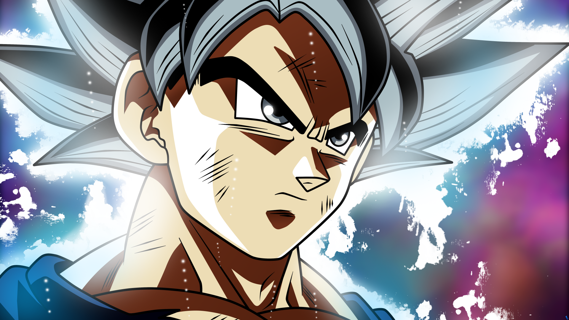 HD wallpaper of an intense character from Dragon Ball Super anime with white and silver hair, looking determined against a colorful and dynamic background.