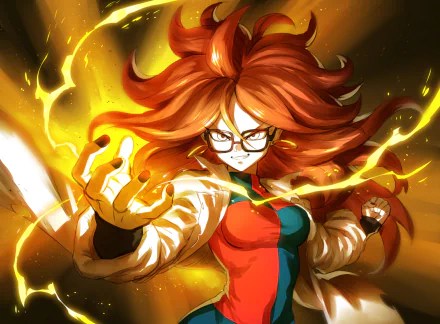 HD desktop wallpaper featuring Android 21 from Dragon Ball FighterZ, showcasing her in dynamic action with vivid lightning effects and intense coloring.