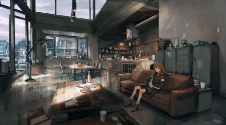 HD anime-style original desktop wallpaper depicting a girl sitting on a brown couch in a spacious, modern industrial loft with large windows and detailed interior.