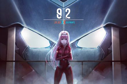 HD wallpaper featuring Zero Two with pink hair, green eyes, horns, and a uniform from the anime Darling in the FranXX, standing confidently in front of a robot background.