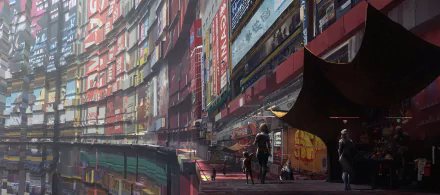 A high-definition cyberpunk wallpaper depicting a futuristic cityscape with towering neon signs and people walking through the streets.
