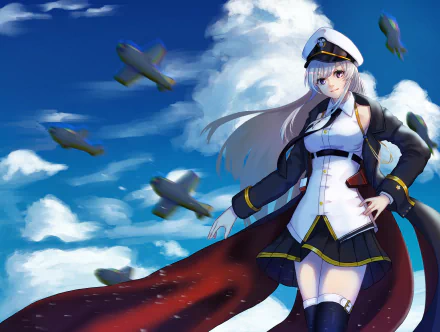 HD PC desktop wallpaper featuring Enterprise from Azur Lane in anime style, standing confidently against a bright blue sky with clouds and flying planes.