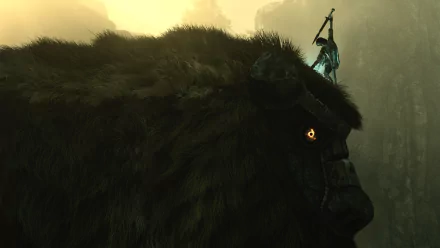 A giant colossus with glowing eyes from the video game Shadow of the Colossus, shown in a detailed 4K Ultra HD PC desktop wallpaper and background.