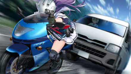Grisaia: Phantom Trigger anime 2K Quad HD PC desktop wallpaper and background — purple-haired heroine fires a handgun from a blue sportbike as a white car chases her on a blurred road.