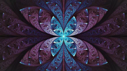 A psychedelic, trippy fractal image with purple and blue flower-like patterns. This abstract design serves as a HD desktop wallpaper and background.