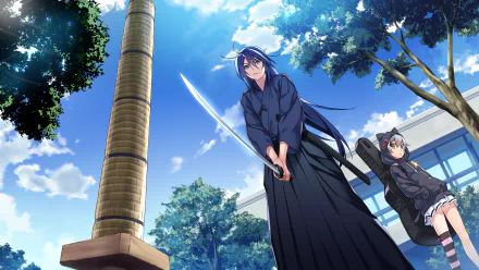 Anime scene from Grisaia: Phantom Trigger — two characters outdoors under blue sky; one in hakama holding a drawn katana. 2K Quad HD PC desktop wallpaper/background.