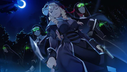 HD PC desktop wallpaper featuring anime characters from Grisaia: Phantom Trigger in a nighttime forest scene with glowing night vision goggles and a crescent moon overhead.