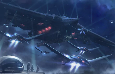HD desktop wallpaper featuring a sci-fi cyberpunk scene with futuristic aircraft and a massive spaceship amidst glowing lights and smoke, creating an intense atmosphere.